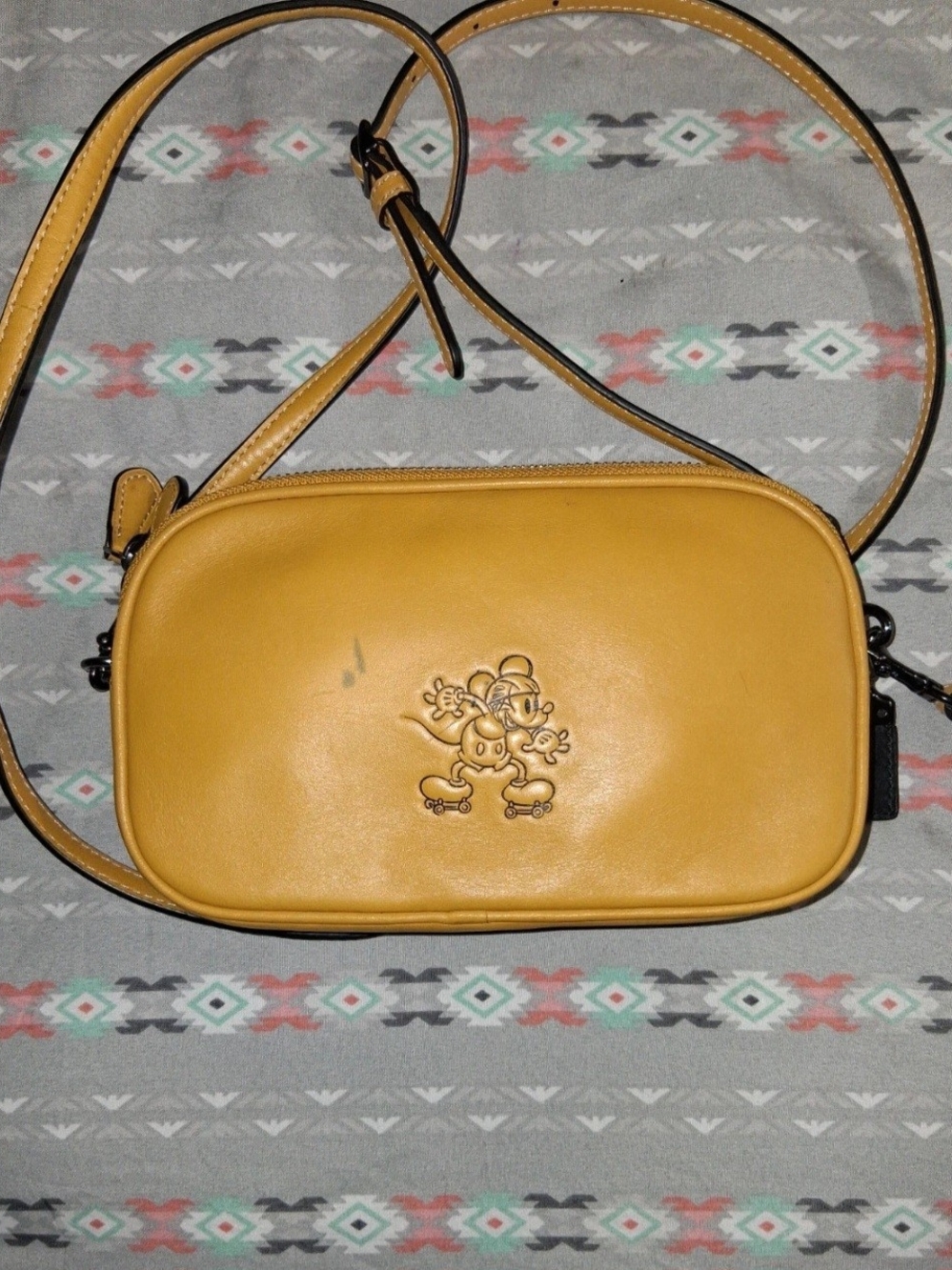 Mustard Yellow Leather Crossbody Bag with Embossed Character
